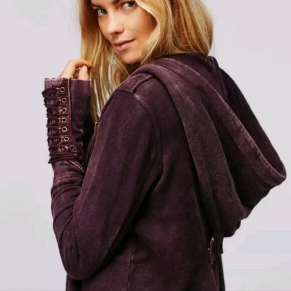 Free People Chelsea Cardi Long Cardigan Knit Hoodie Jacket Corset Lace Sleeve - Picture 1 of 9